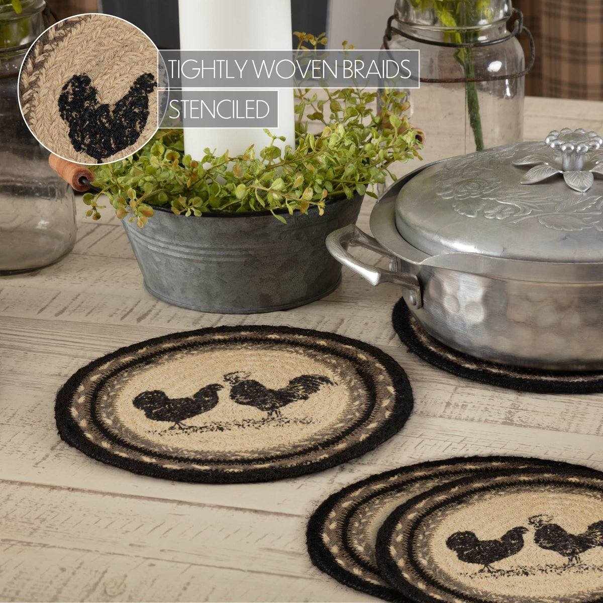 Sawyer Mill Charcoal Poultry Jute Trivet 8 inch Set of 3