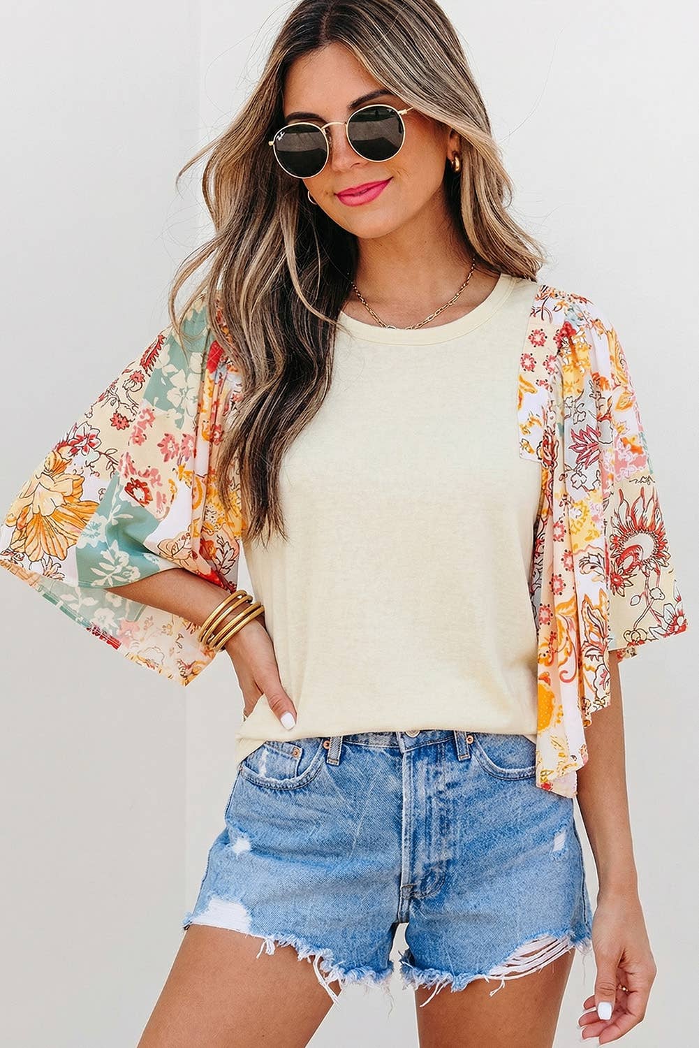Floral Patchwork Half Batwing Sleeve Blouse | S-XL