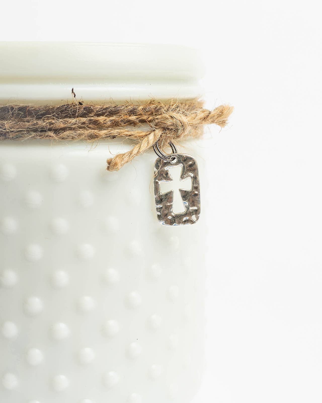 Vintage White Hobnail Candle with Cross Charm