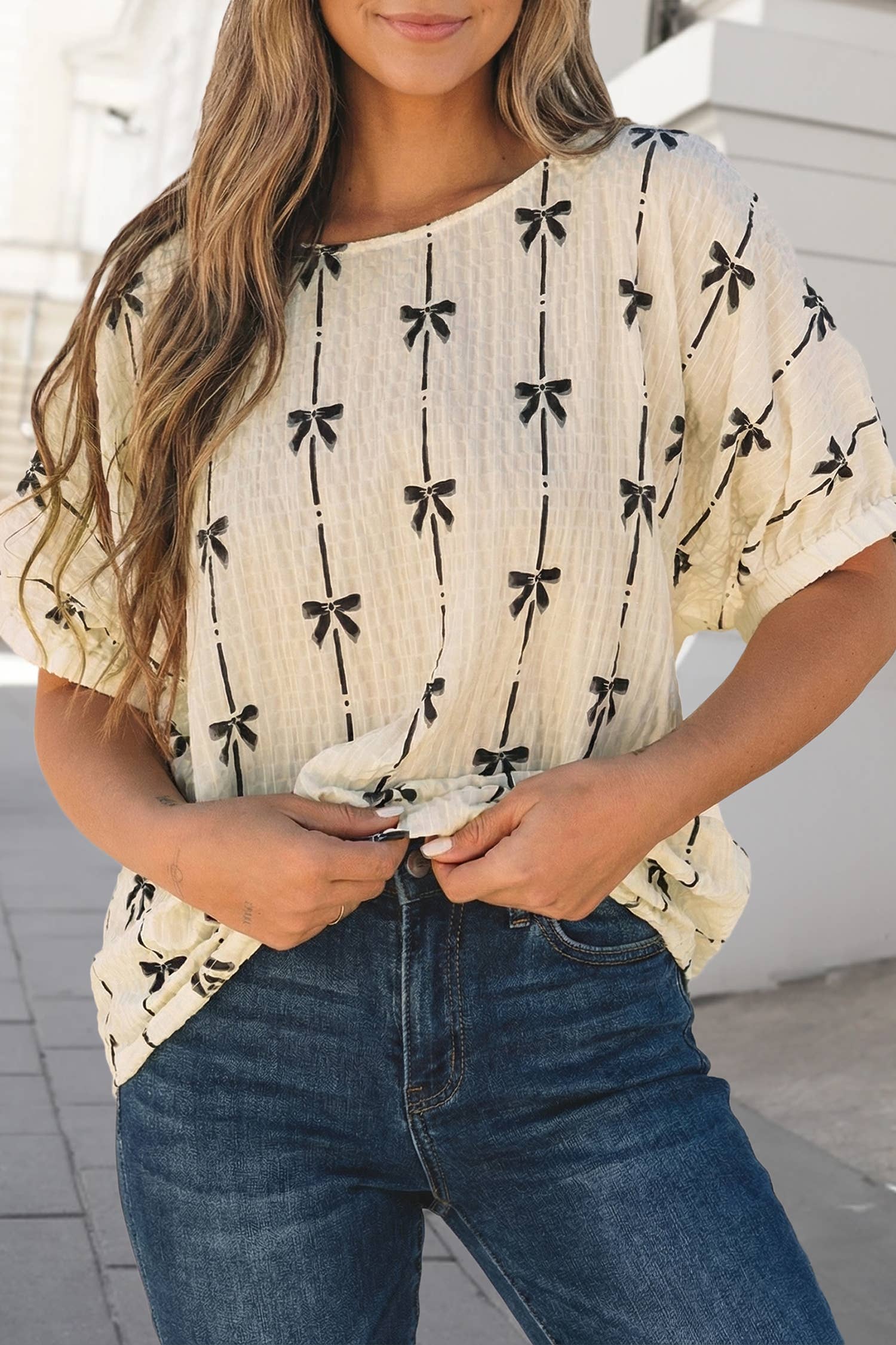 Bow Print Puff Short Sleeve Top | S-XL