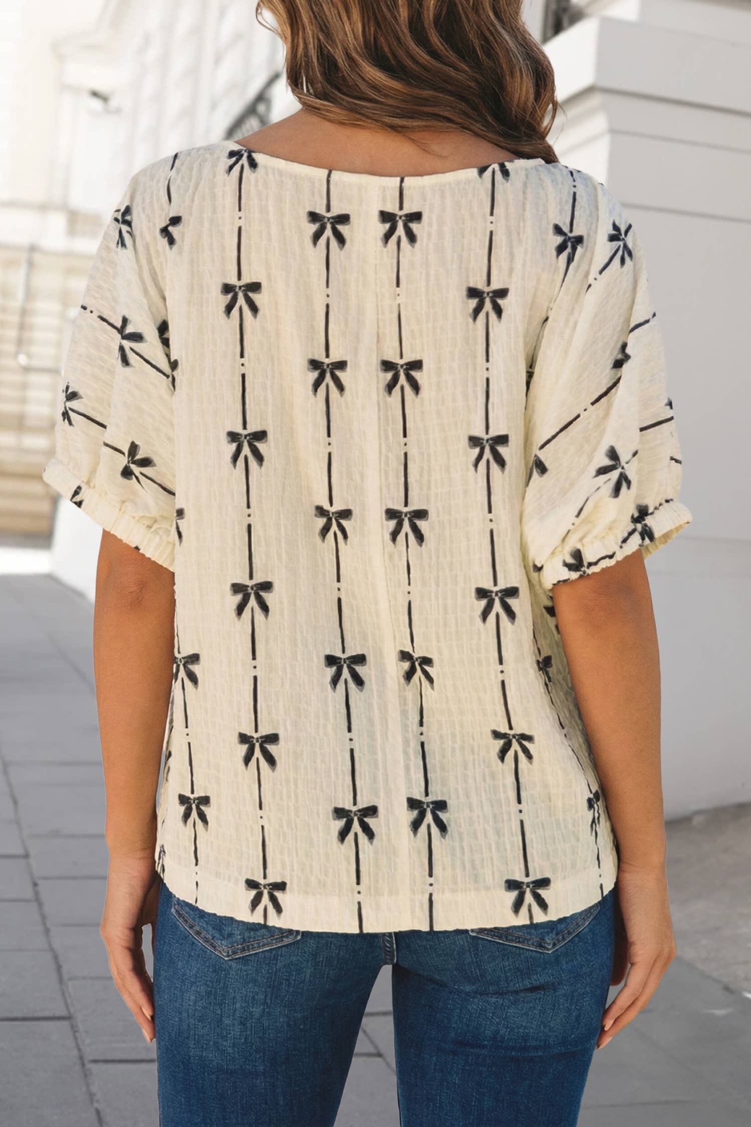 Bow Print Puff Short Sleeve Top | S-XL