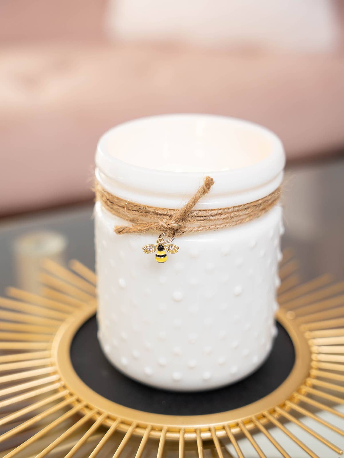Vintage White Hobnail Candle with Bee Charm