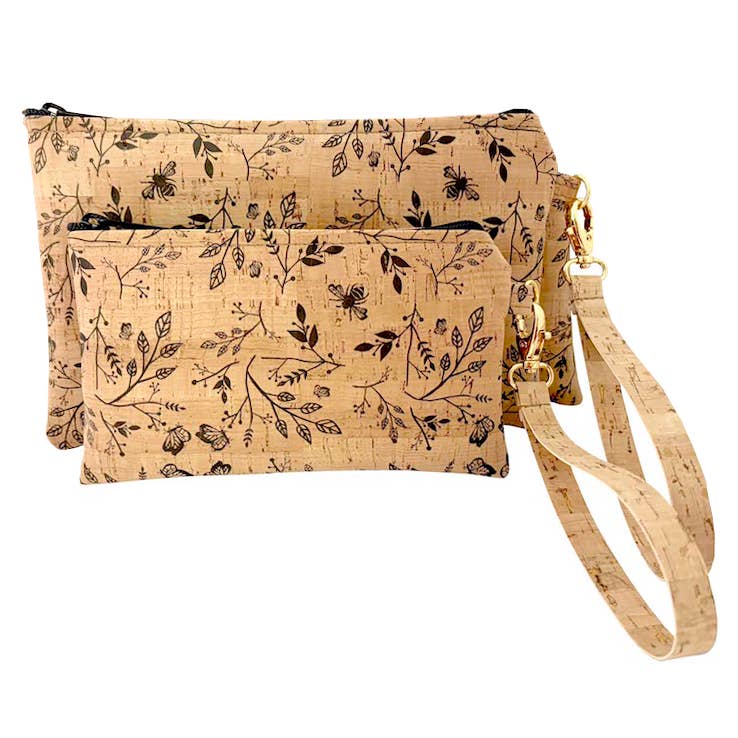 Cork Simple Wristlet in 2 Sizes | Black Floral Print
