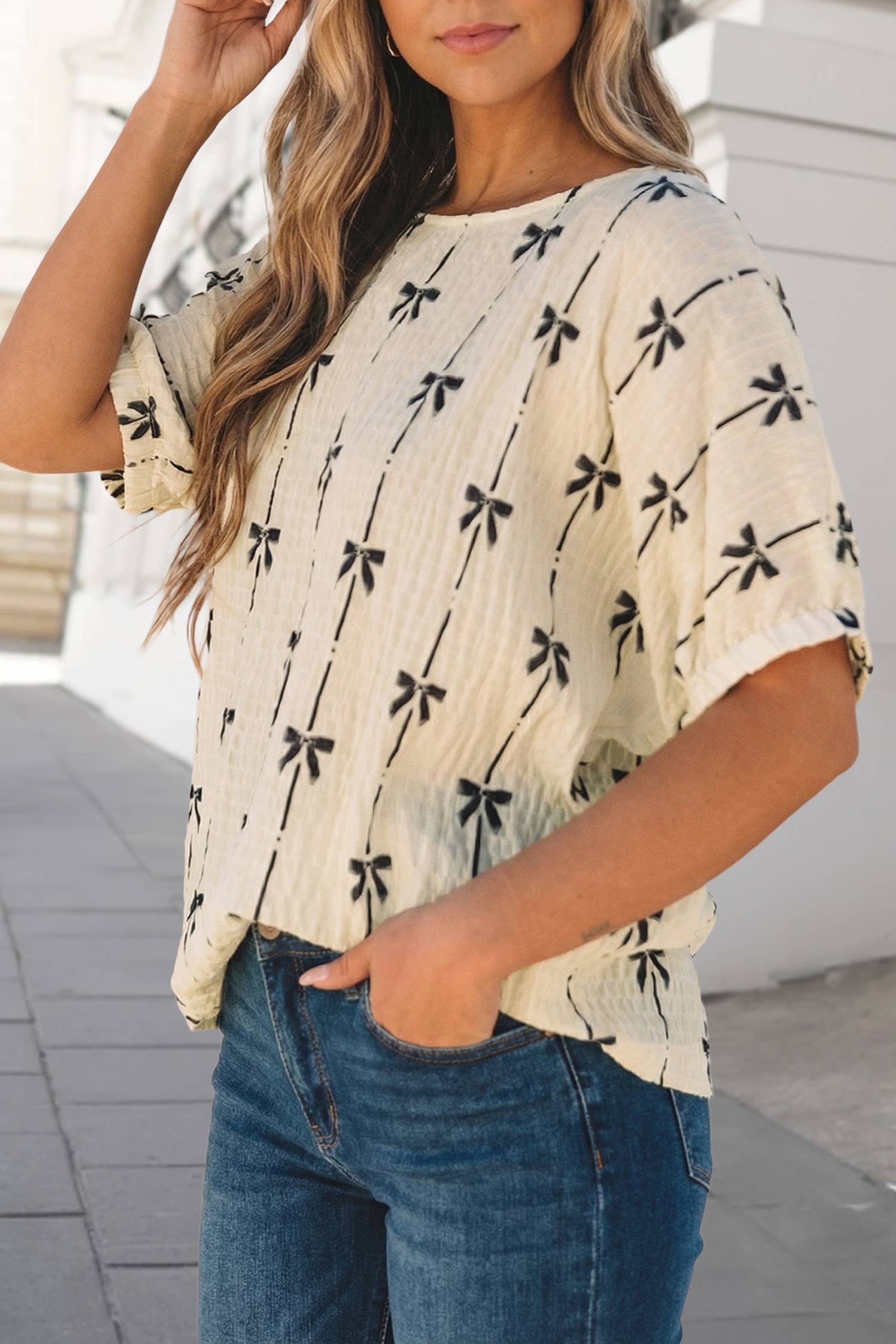 Bow Print Puff Short Sleeve Top | S-XL
