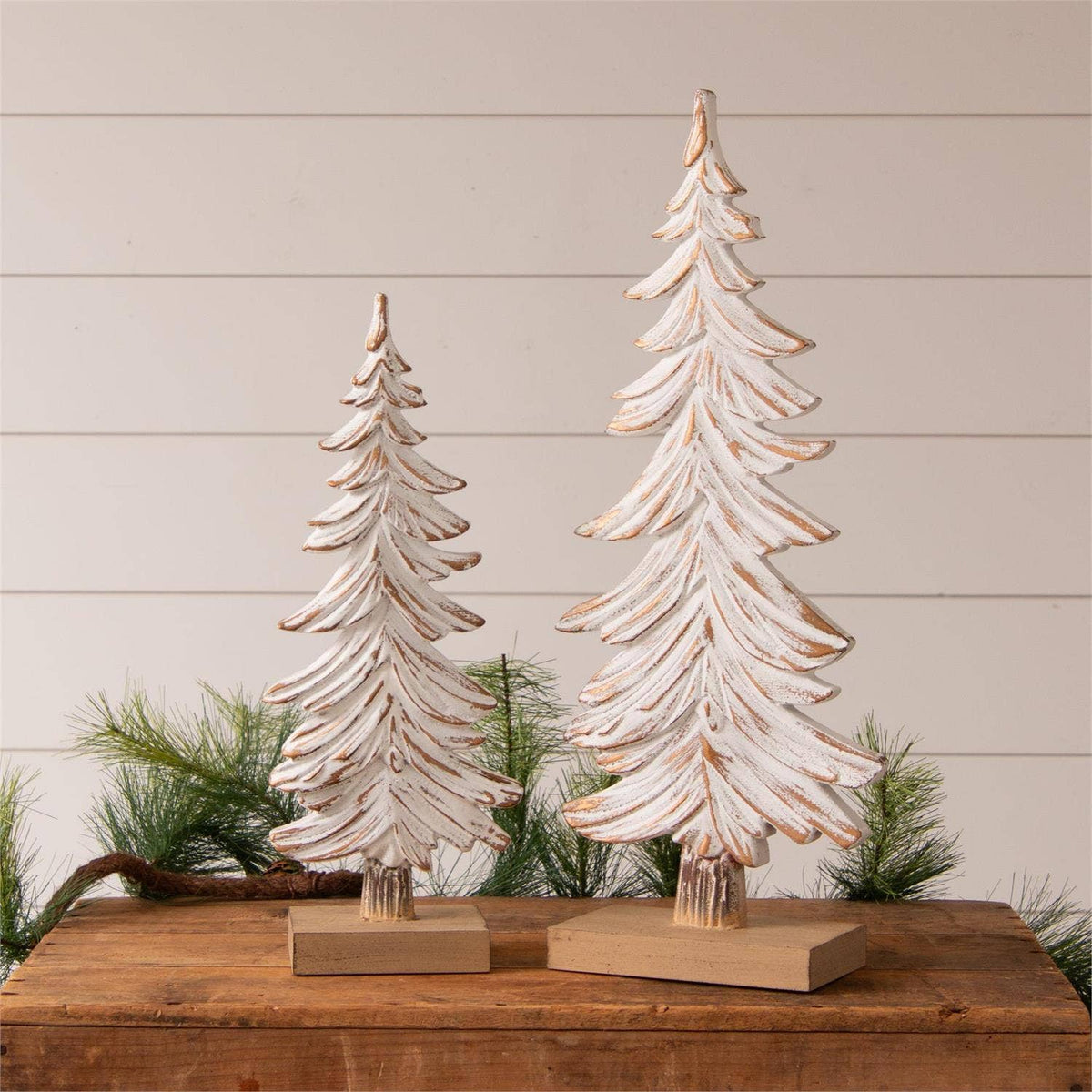 White Carved Wood Look Trees (Set Of 02)