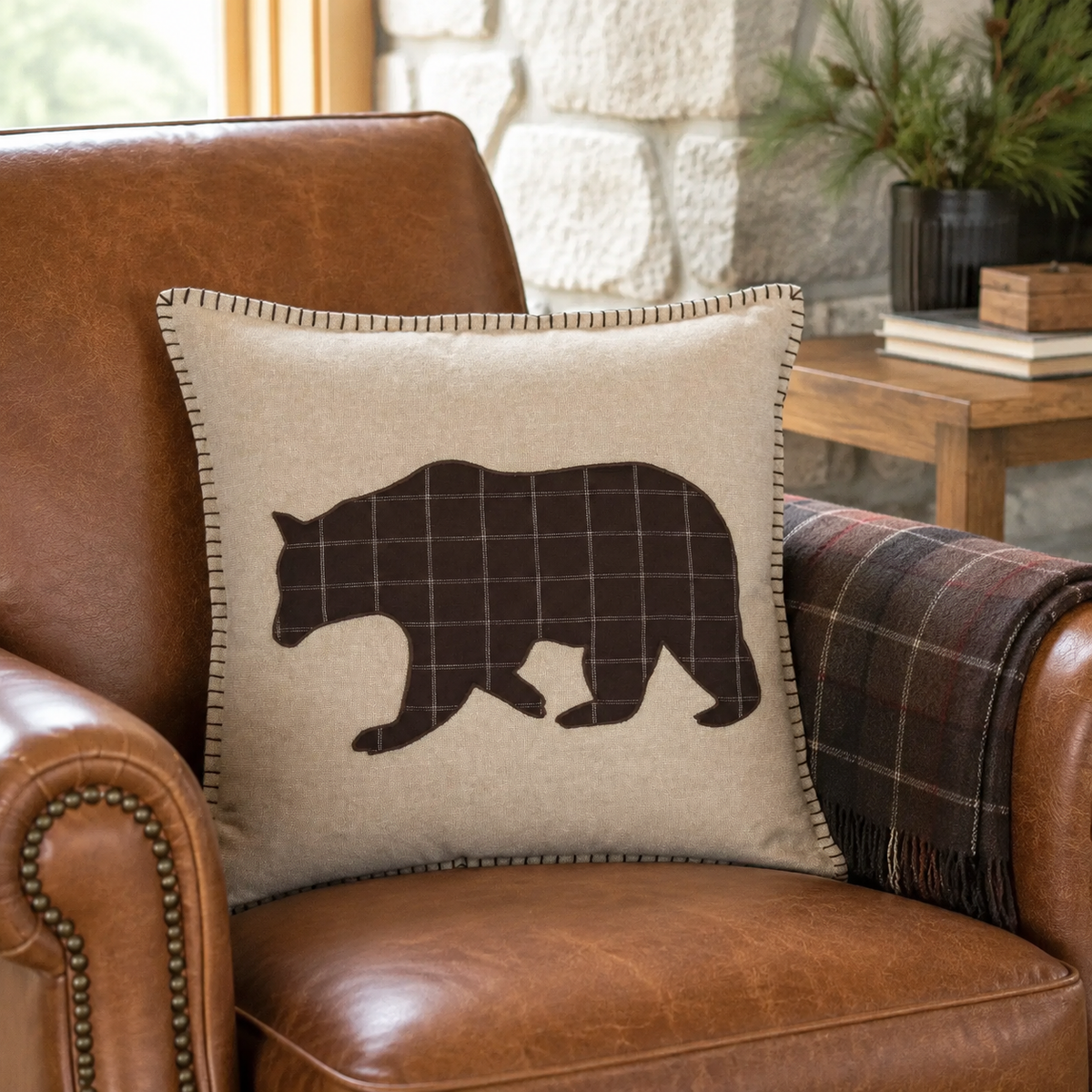 Applique Bear Throw Pillow Wyatt Rustic Decor 18”