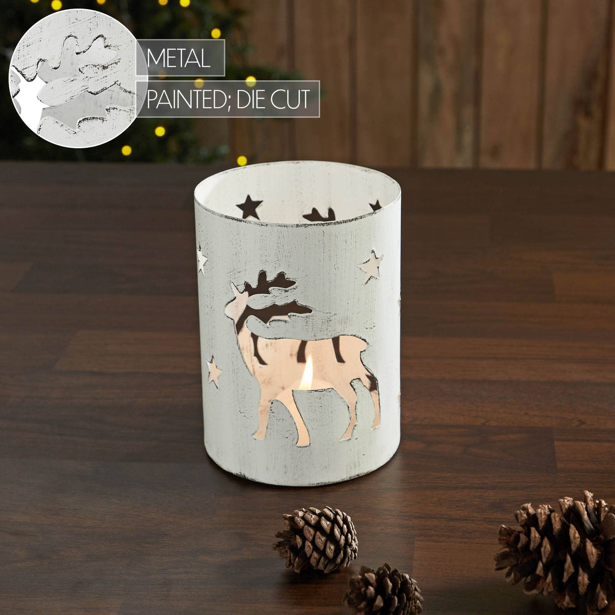 Winter Walk Distressed White Metal Candle Holder 6x4.25x4.25