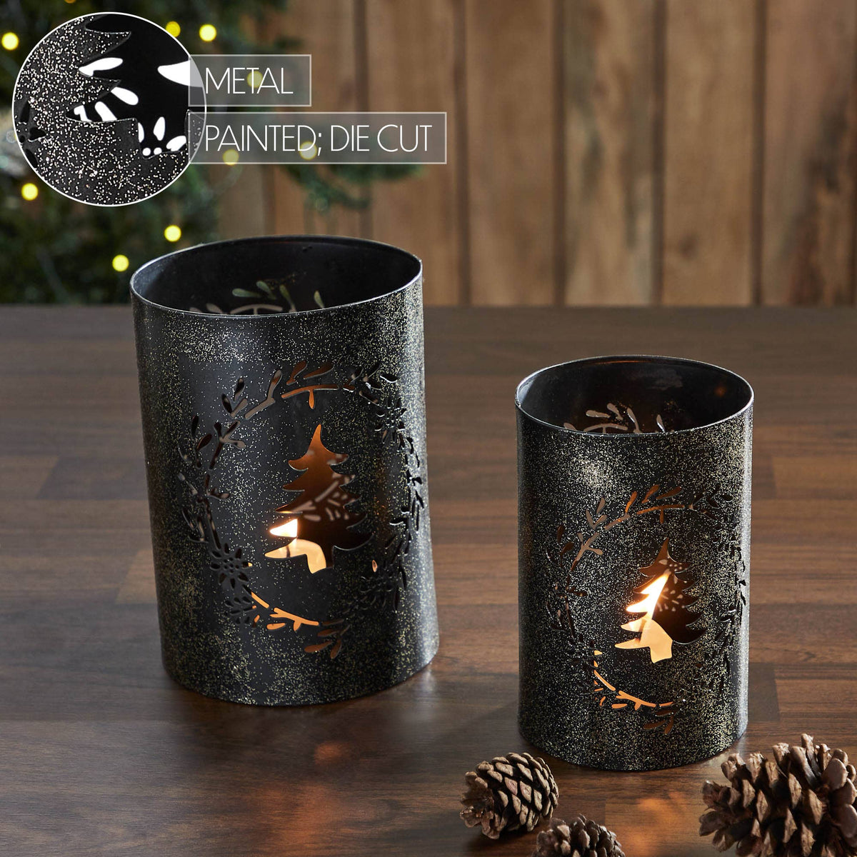 Wreath &amp; Tree Metal Candle Holder Christmas Decor Set 2pc