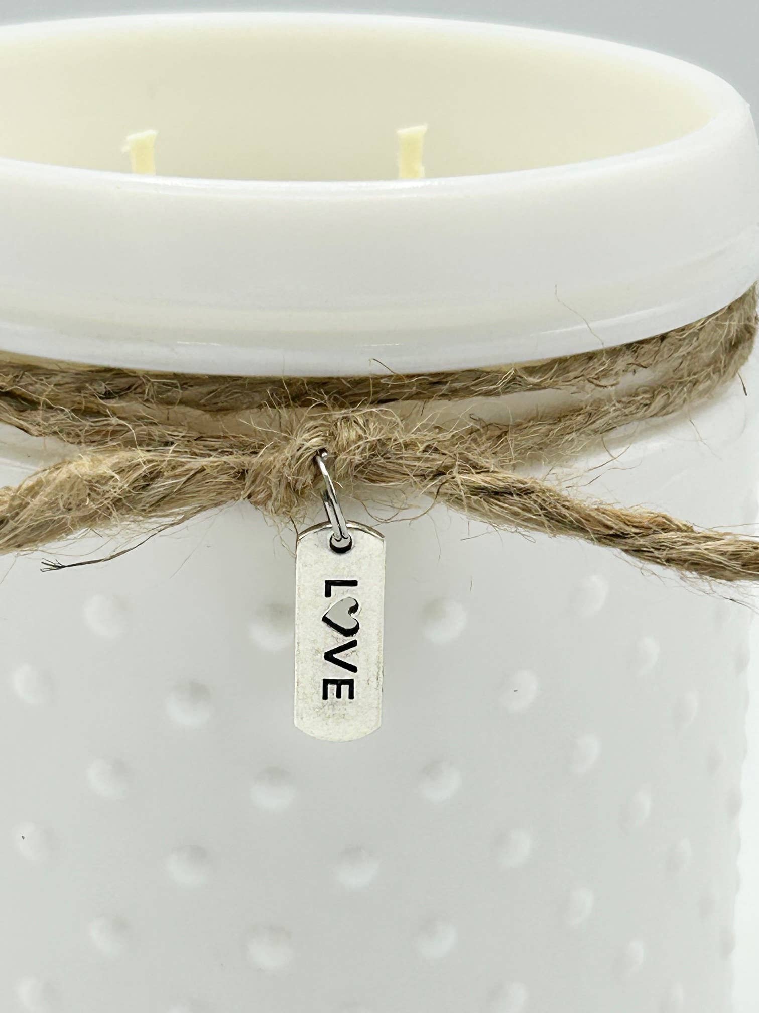 Vintage White Hobnail Candle with Love Tag