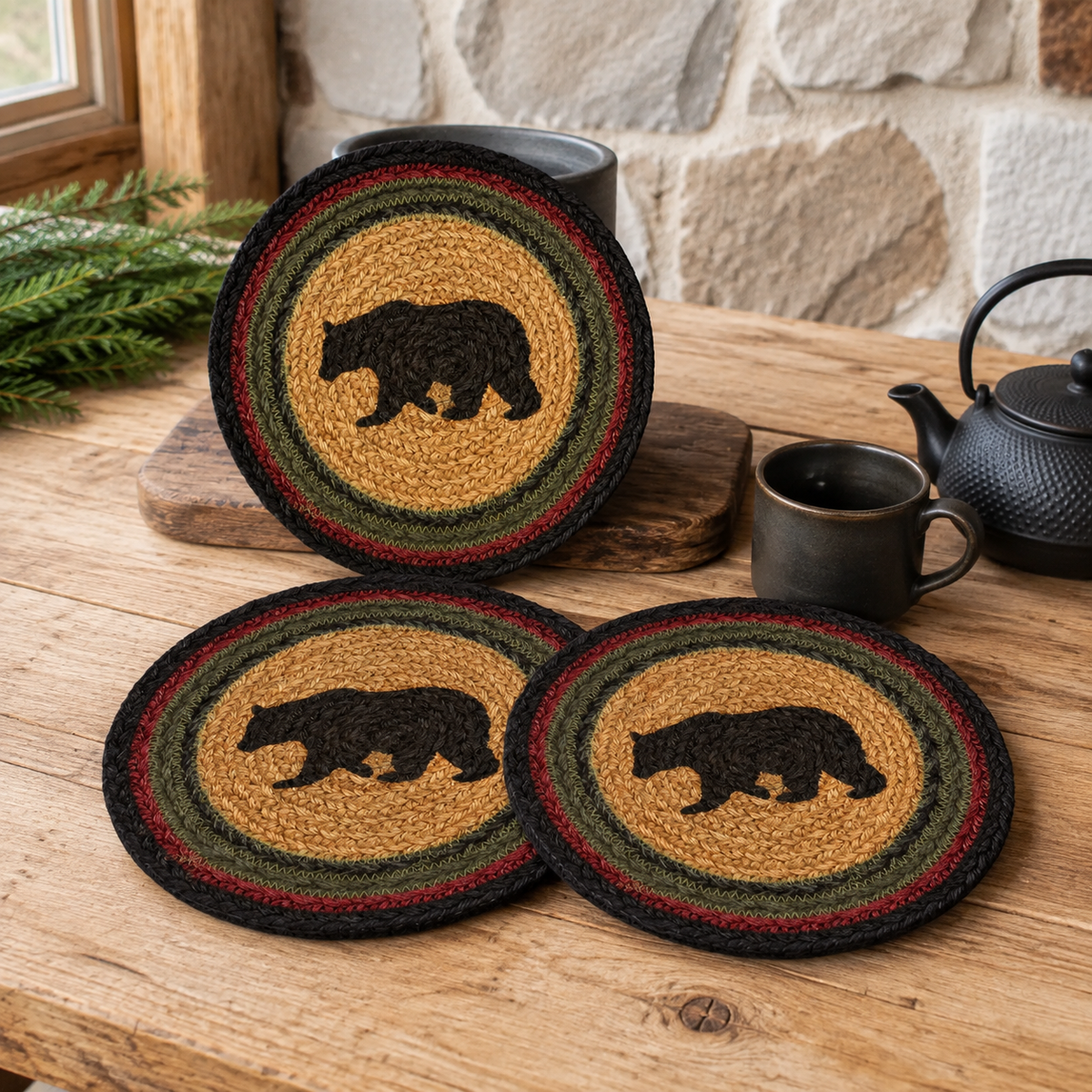 Stenciled Bear Braided Jute Trivet Hot Pad 8 Set of 3 Wyatt
