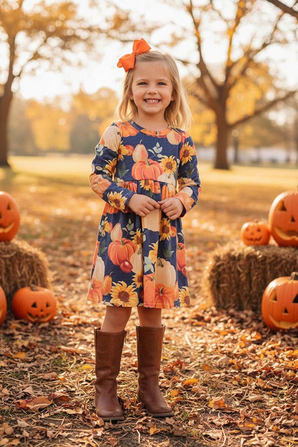 Halloween pumpkins &amp; sunflowers girls boutique dress DLH2607
