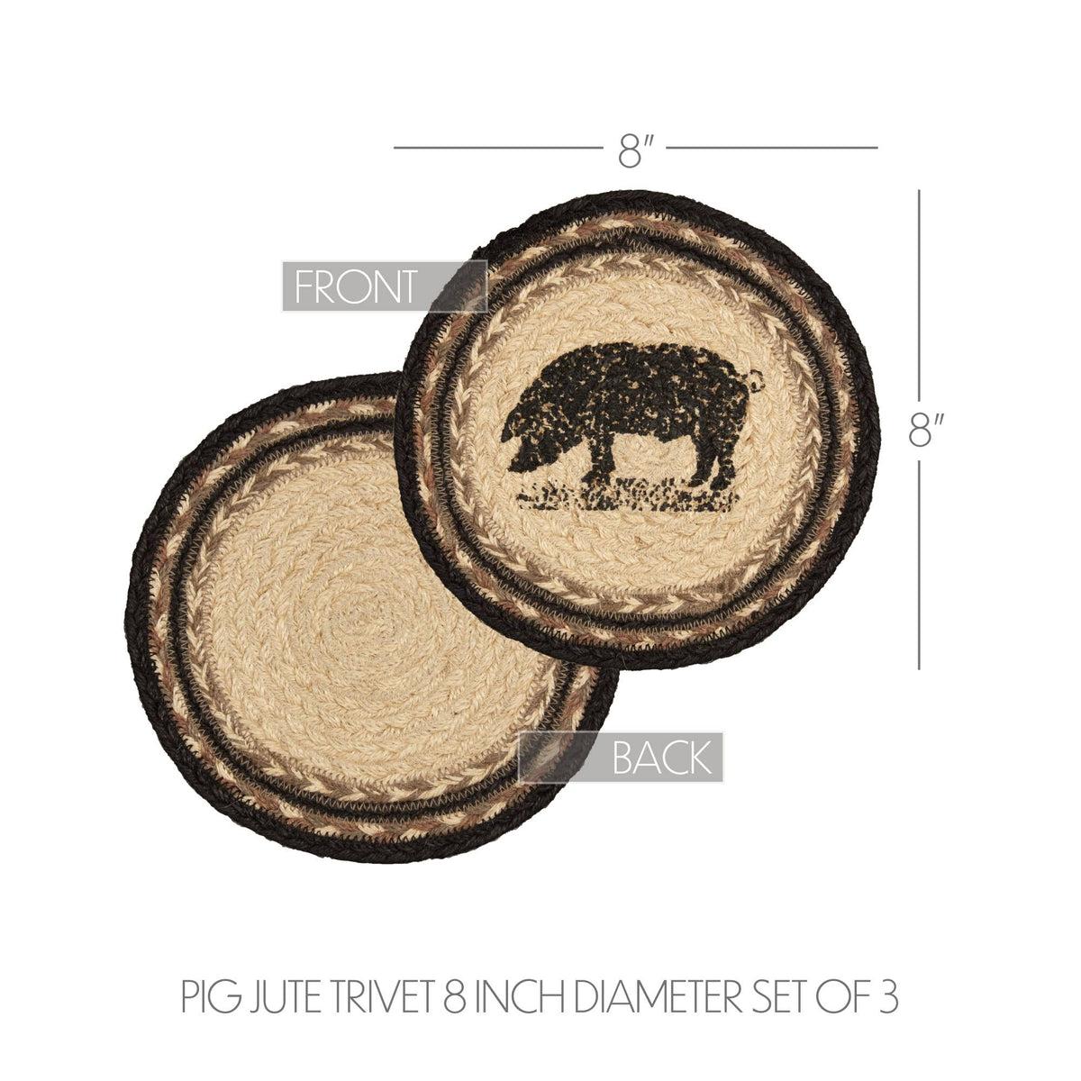 Pig Braided Jute Trivet Hot Pad 8" Set of 3 Sawyer Mill