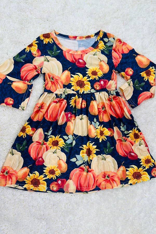 Halloween pumpkins &amp; sunflowers girls boutique dress DLH2607