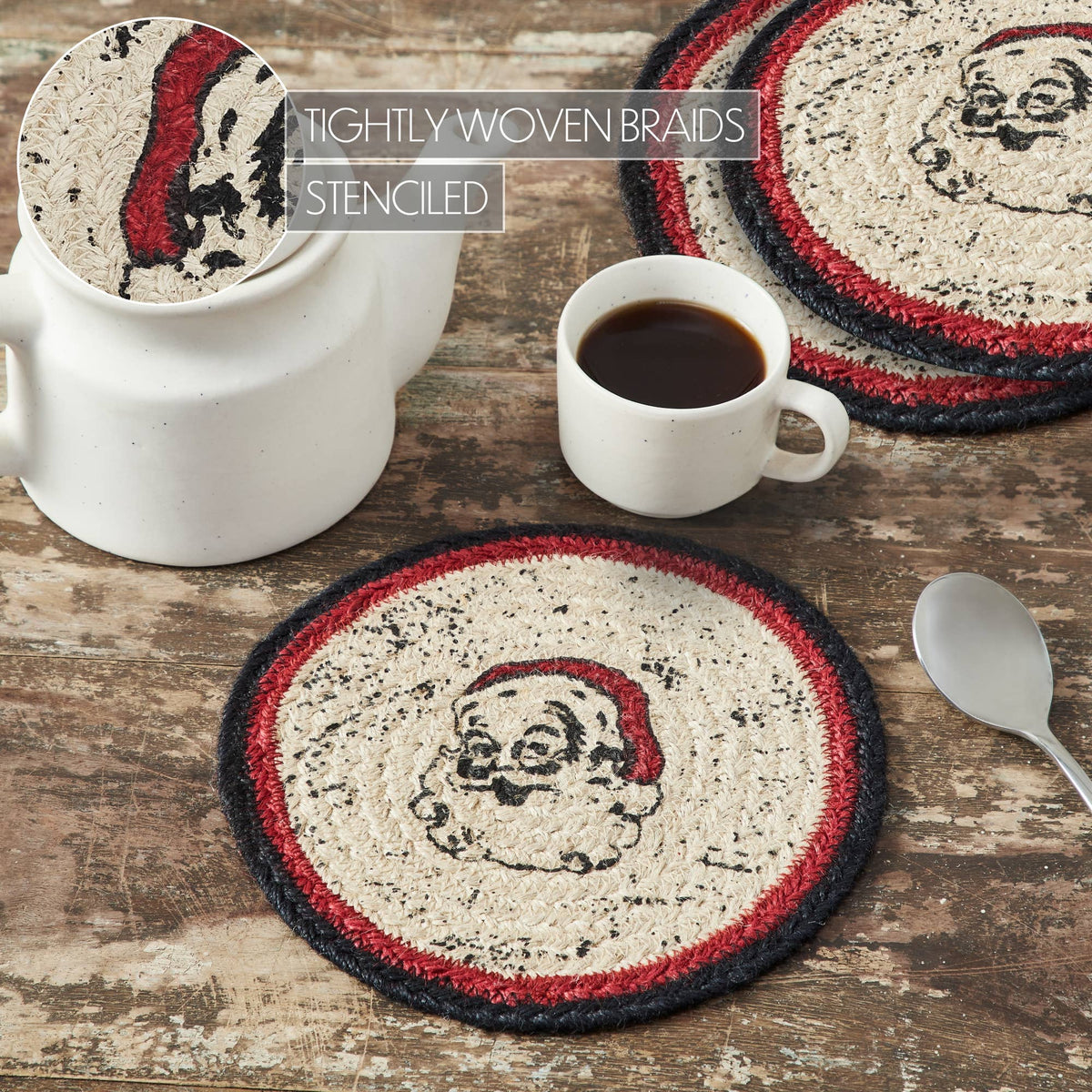Santa Braided Jute Trivet Hot Pad 8" Set of 3 Jolly Ole