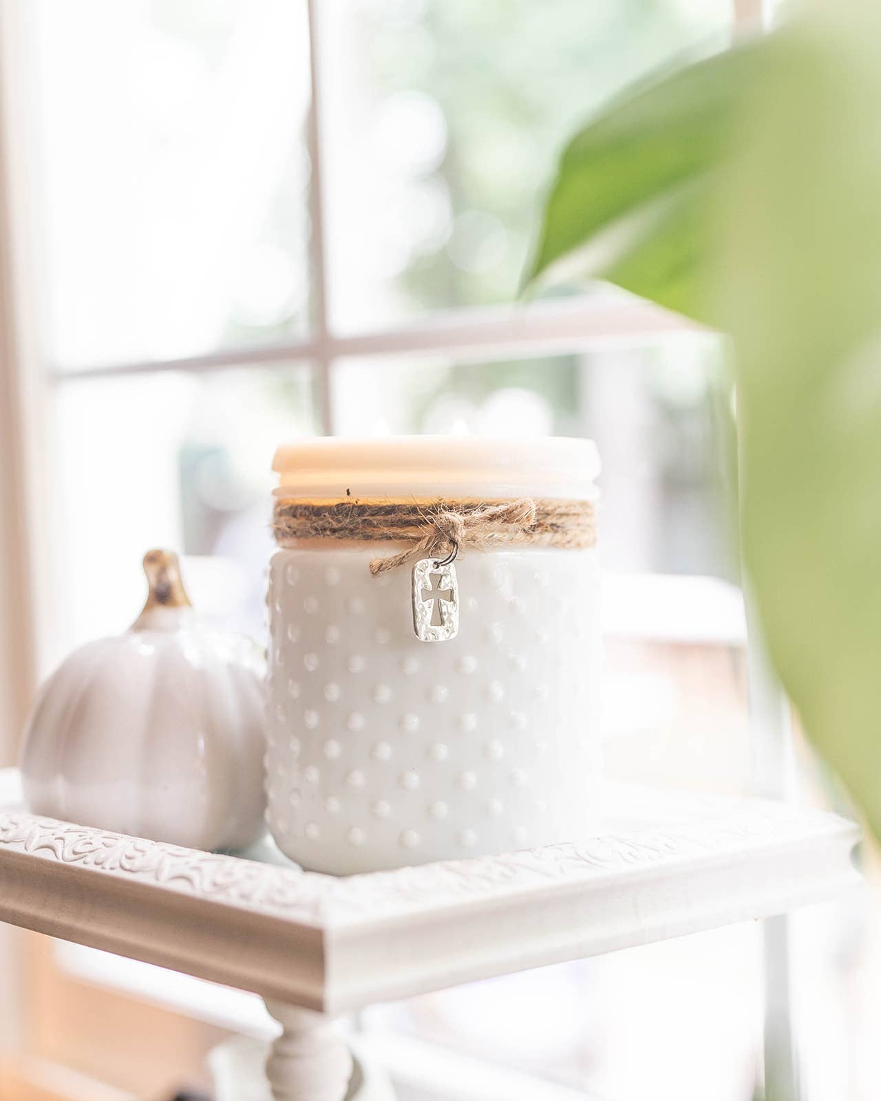 Vintage White Hobnail Candle with Cross Charm