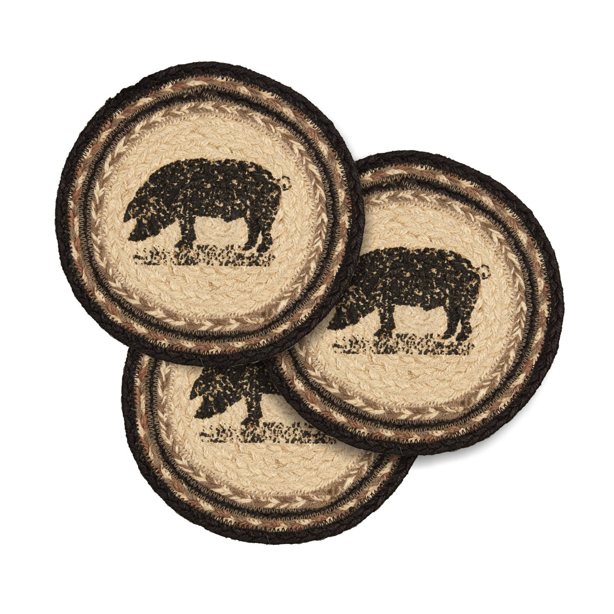 Pig Braided Jute Trivet Hot Pad 8" Set of 3 Sawyer Mill