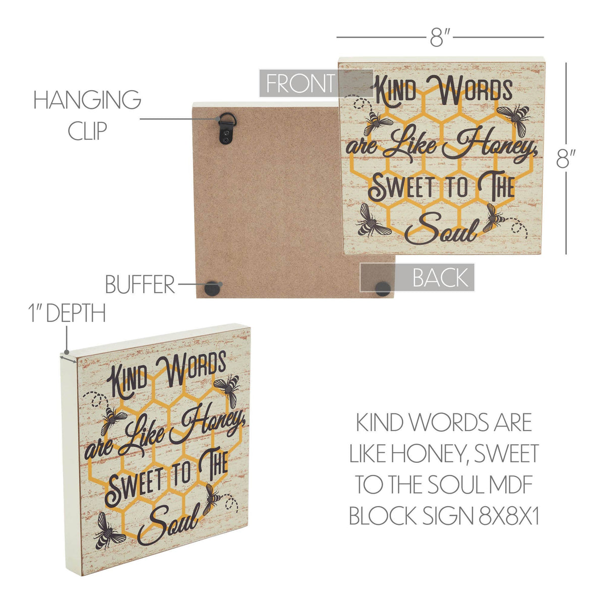 Buzzy Bees Kind Words MDF Block Sign 8x8