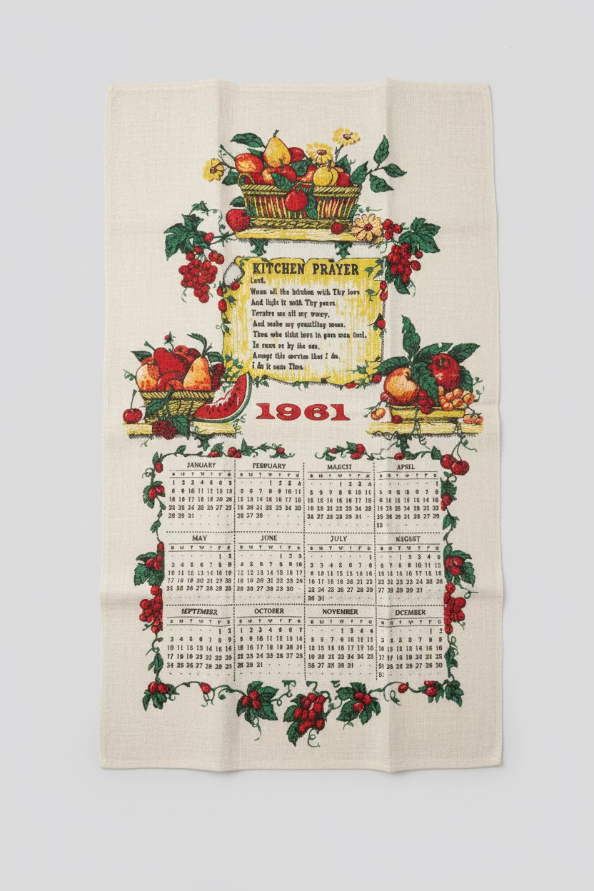 Vintage 1961 Kitchen Prayer Linen Calendar Towel