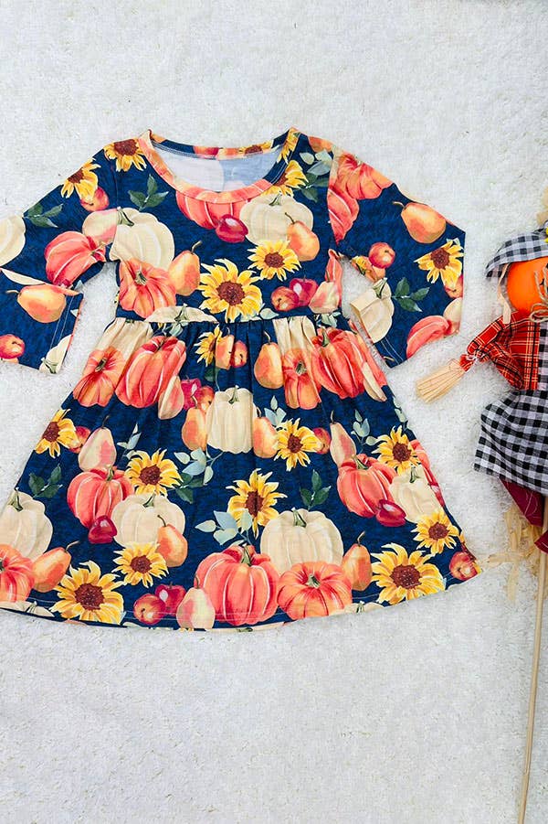 Halloween pumpkins &amp; sunflowers girls boutique dress DLH2607
