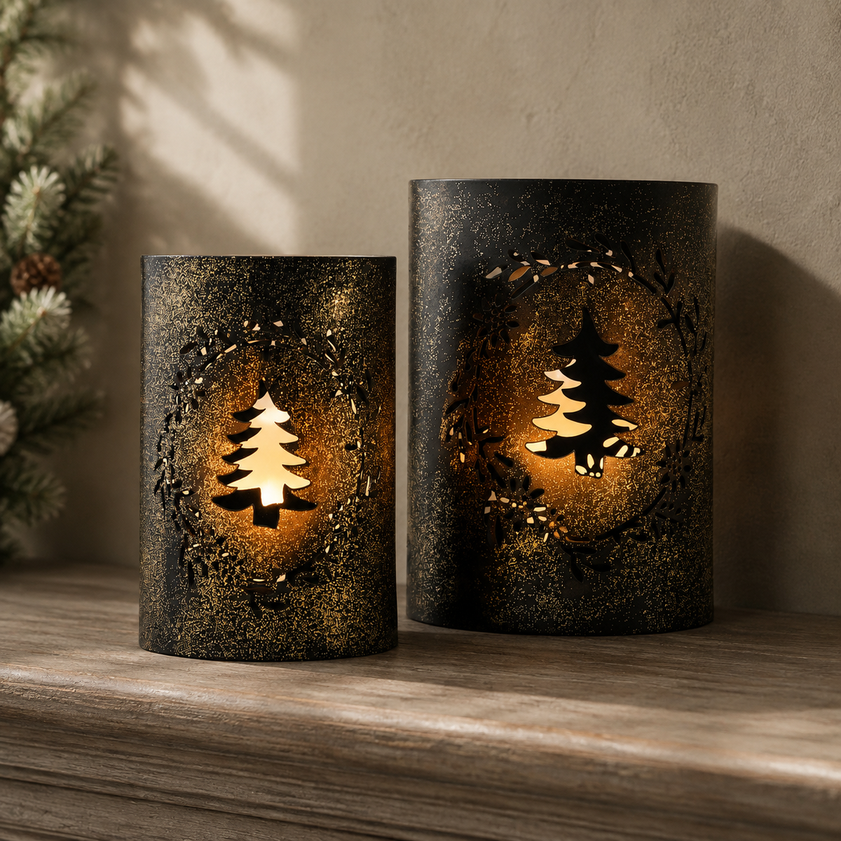 Wreath &amp; Tree Metal Candle Holder Christmas Decor Set 2pc