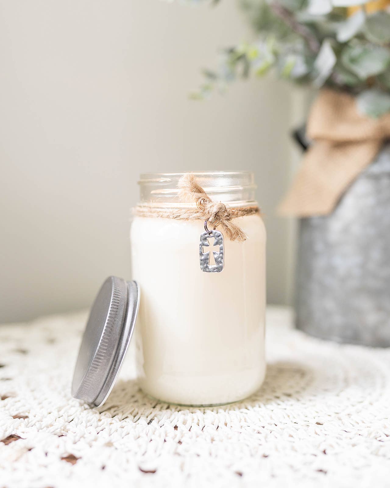 Mason Jar Candle with Cross Charm