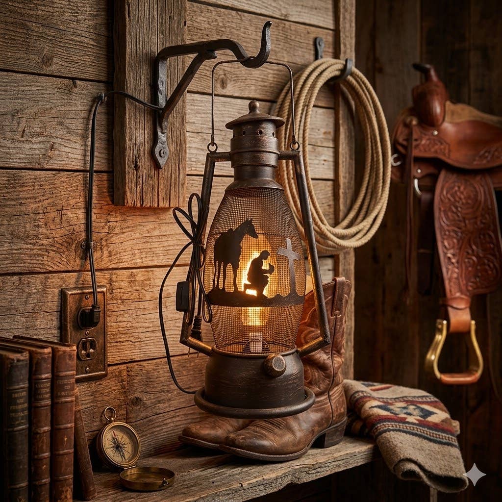 METAL CUTOUT PRAYING COWBOY ELECTRIC LANTERN WITH HANDLE