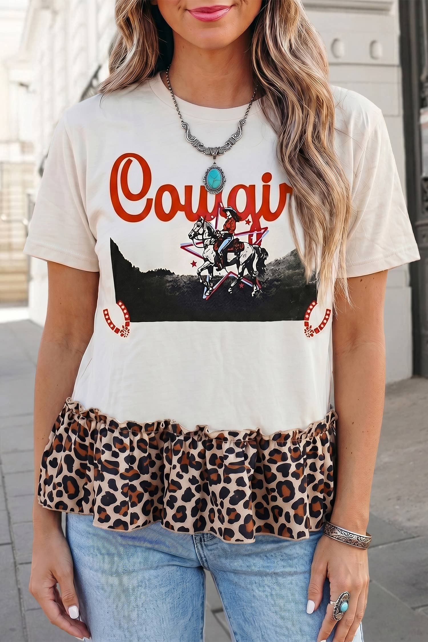 Leopard Print Western Ruffle Hem Patchwork T Shirt | S-XL