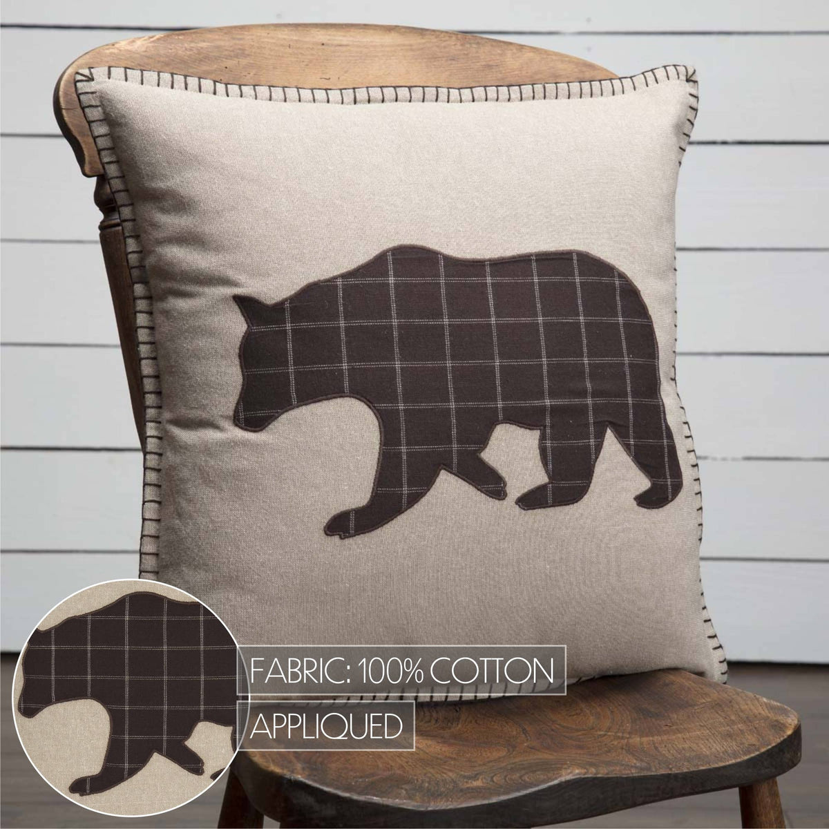 Applique Bear Throw Pillow Wyatt Rustic Decor 18”