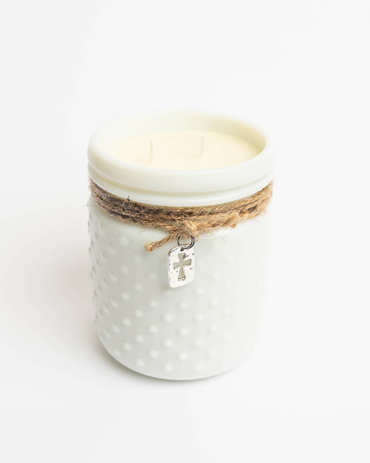 Vintage White Hobnail Candle with Cross Charm