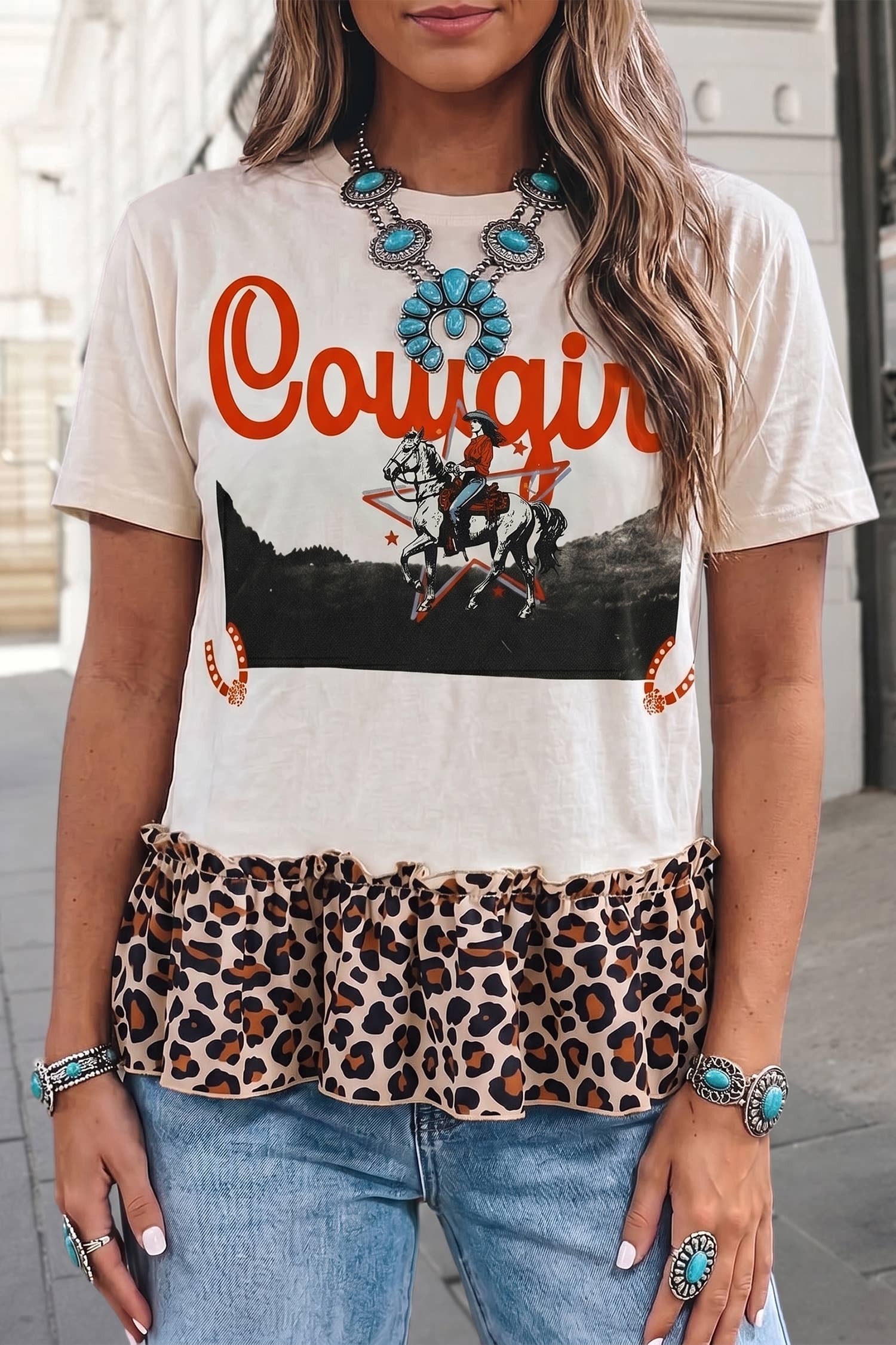 Leopard Print Western Ruffle Hem Patchwork T Shirt | S-XL