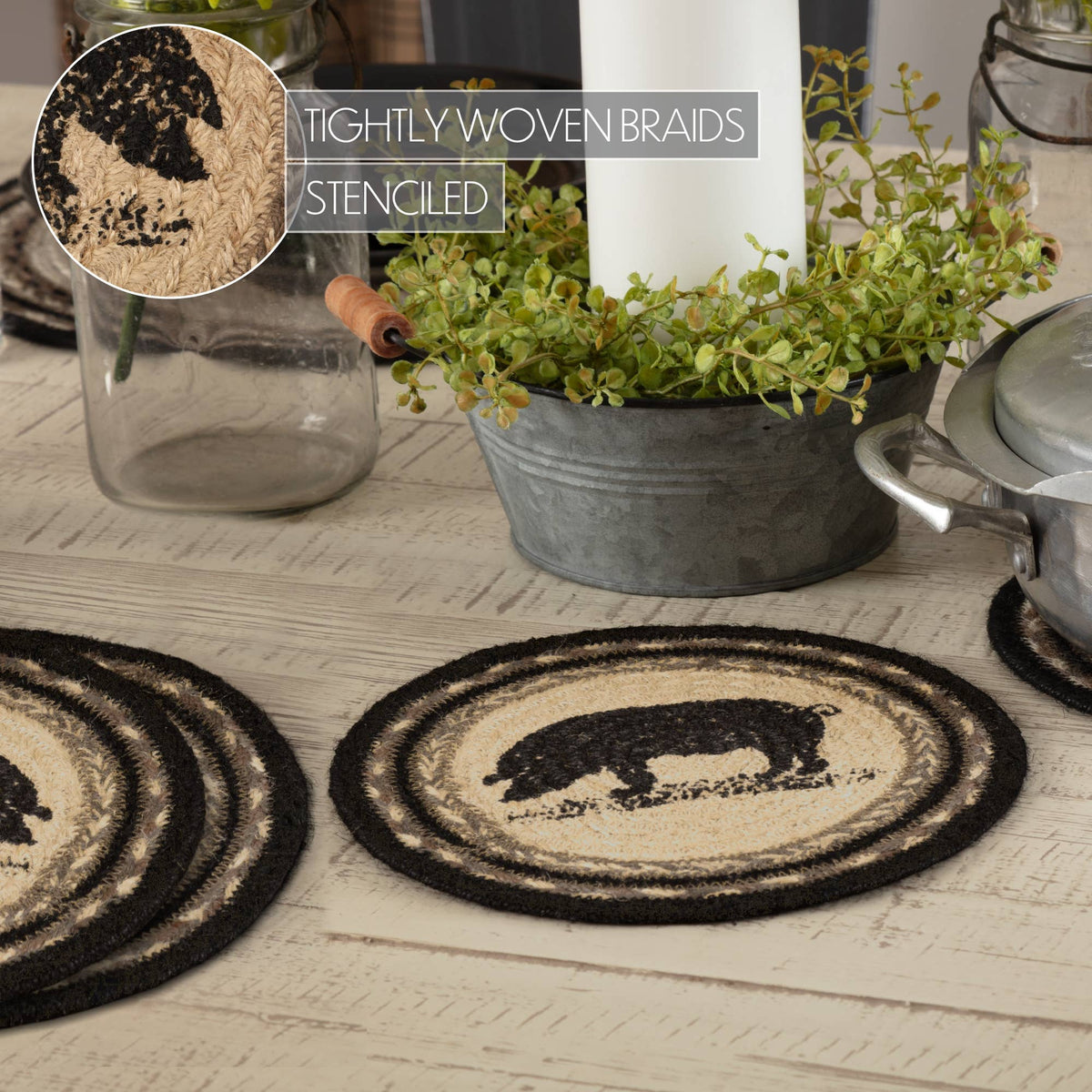 Pig Braided Jute Trivet Hot Pad 8" Set of 3 Sawyer Mill