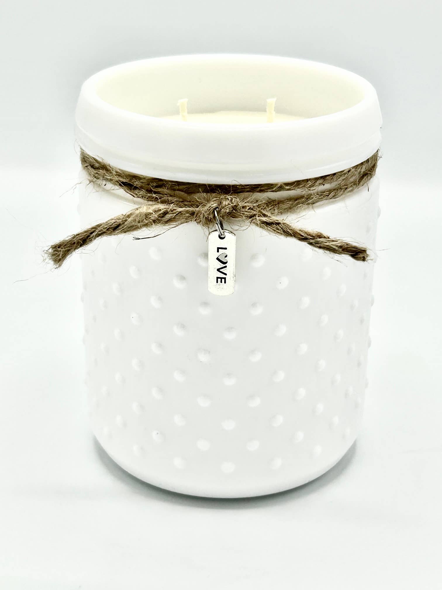 Vintage White Hobnail Candle with Love Tag