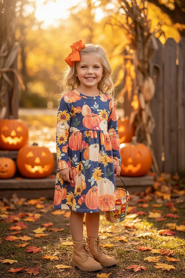 Halloween pumpkins &amp; sunflowers girls boutique dress DLH2607