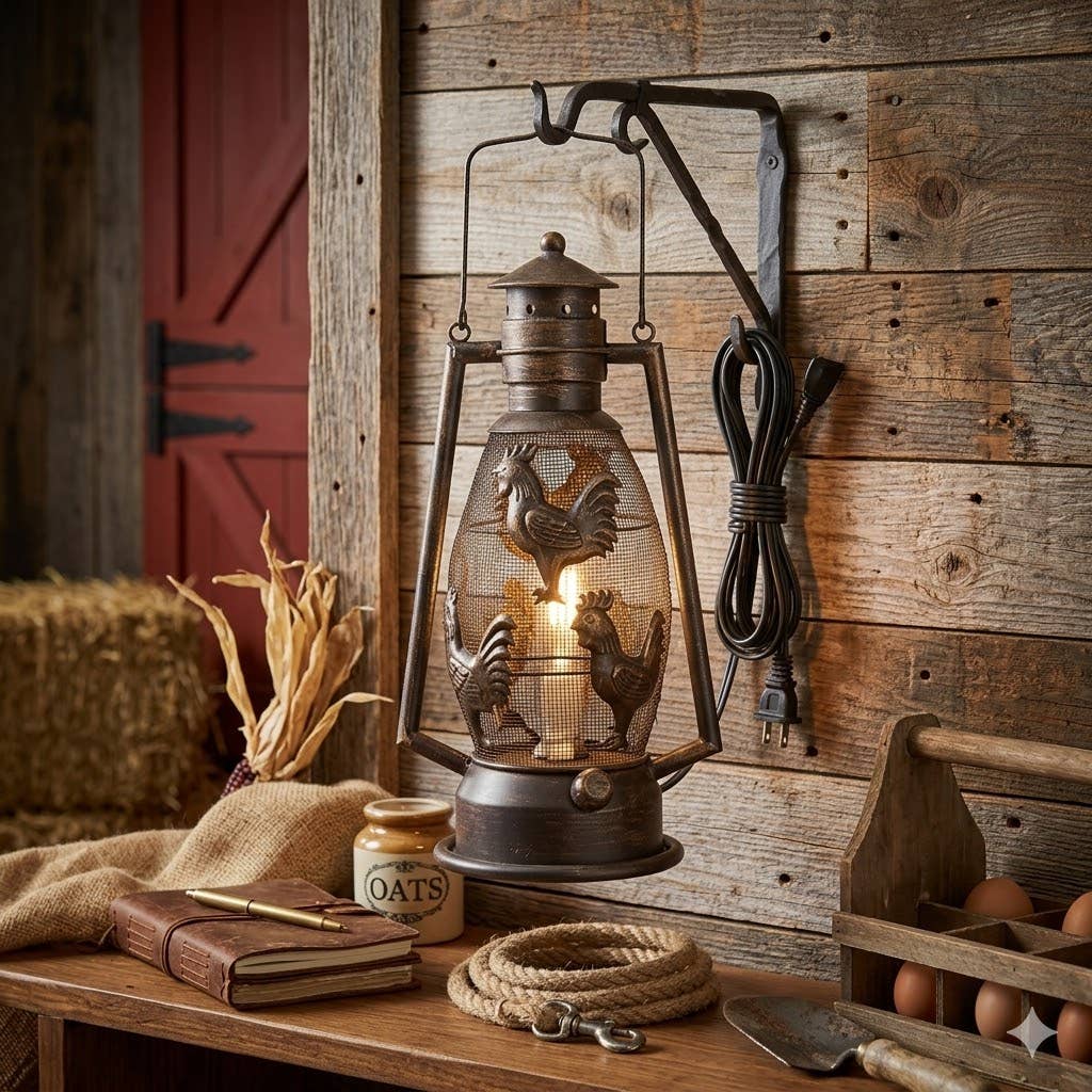 METAL CUTOUT ROOSTER ELECTRIC LANTERN WITH HANDLE