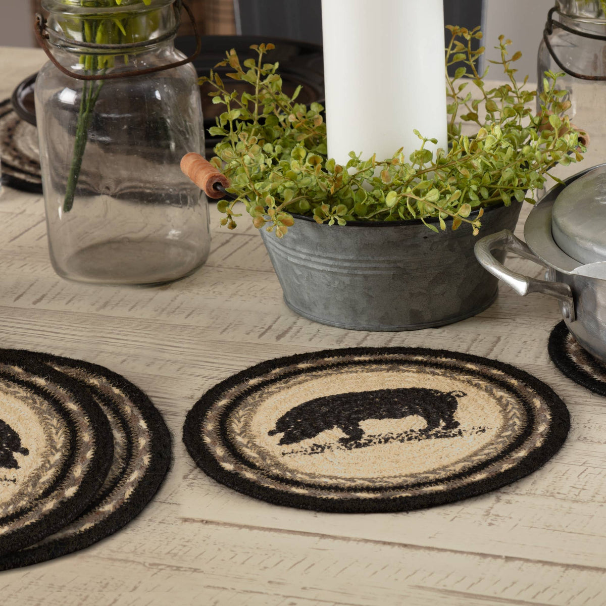 Pig Braided Jute Trivet Hot Pad 8" Set of 3 Sawyer Mill